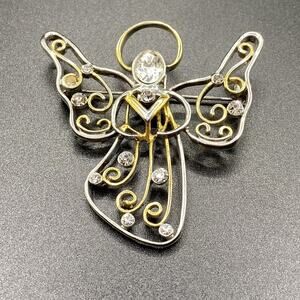 Vintage Eisenberg Ice Rhinestone Angel Brooch Christmas Pin Two Tone